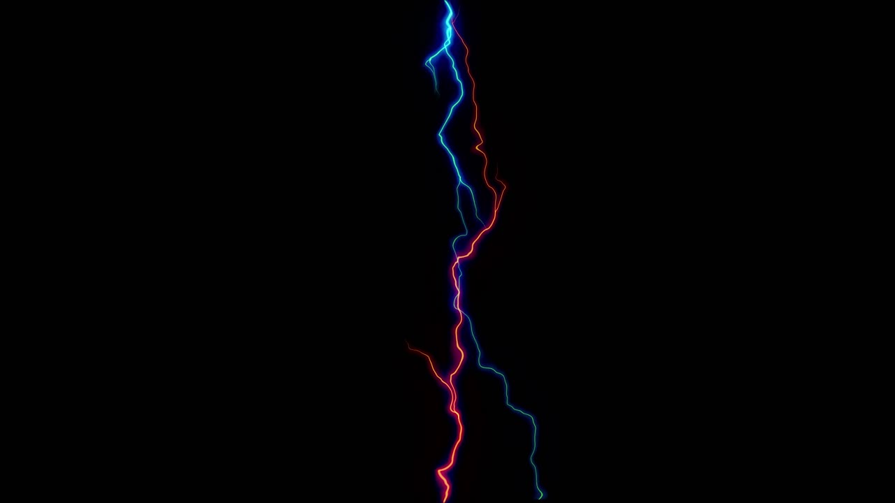 Two bolts of energy, one blue and one red, clash and crackle vertically. Seamless loop for concepts of power, conflict, versus, or magic. Isolated on black background for overlay