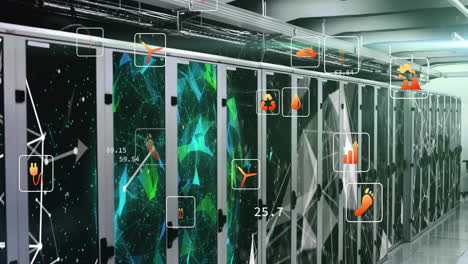 animación de iconos ecológicos y procesamiento de datos a través de servidores informáticos.
