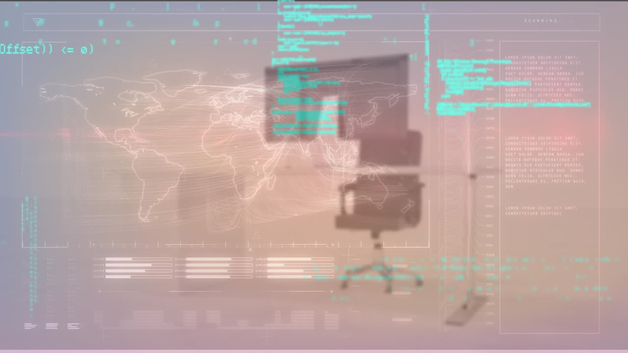 animación de lenguaje informático y mapa sobre silla y escritorio en una oficina vacía.