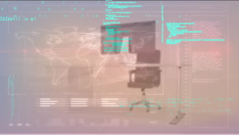 animation of computer language and map over chair and desktop in empty office