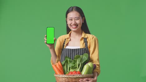신선한 채소 바구니를 들고 녹색 화면 스마트폰을 표시하는 여성 농부