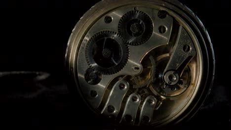 close-up of an antique pocket watch mechanism with gears and springs