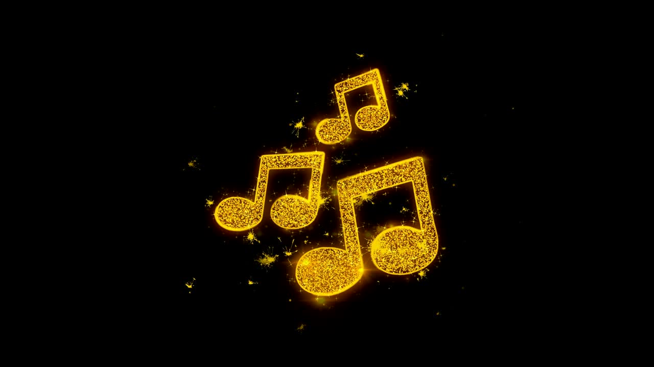 el icono de los acordes de música hace chispas de partículas sobre un fondo negro.