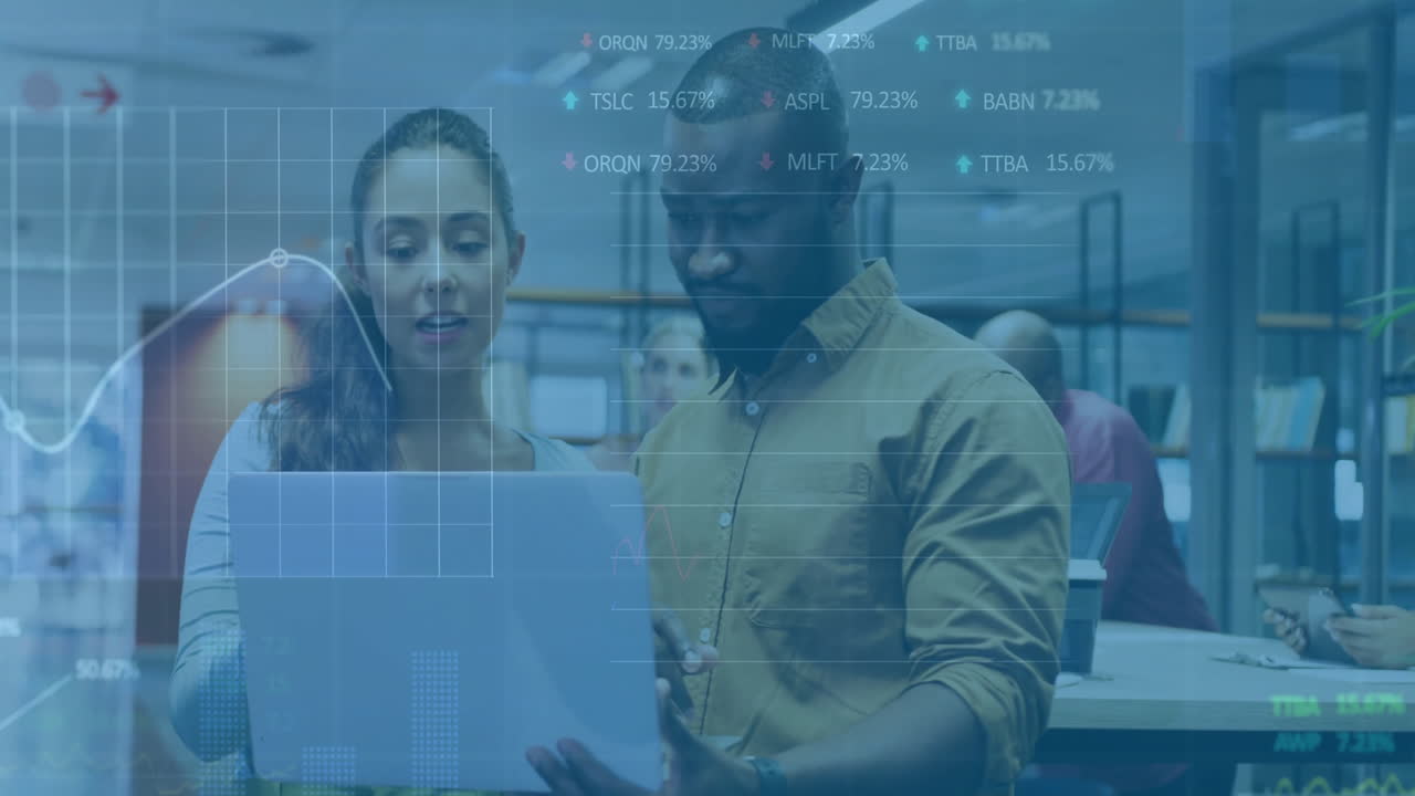 Animation of financial data processing over diverse business people in office