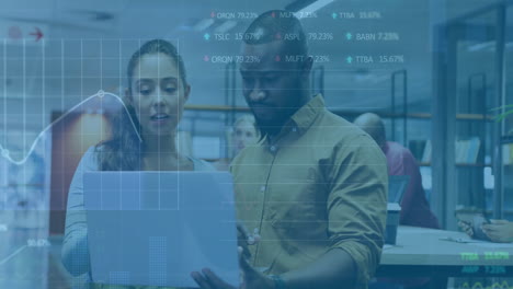 animation of financial data processing over diverse business people in office