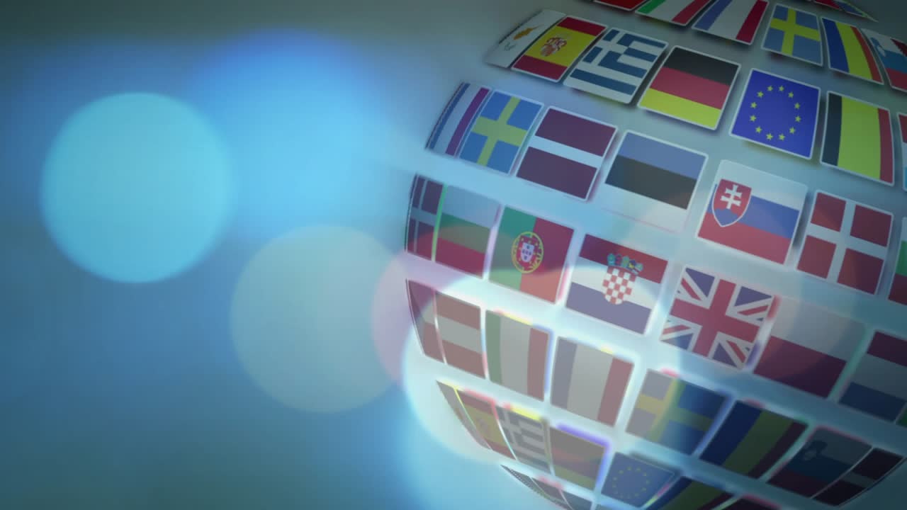 On playback spherical flag mosaic rotating and tilting, revealing new national flags for broadcast