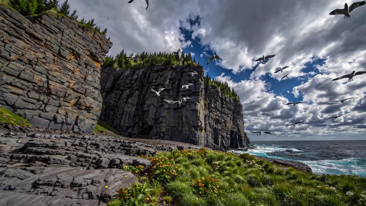 Dramatic wide-angle shot of birds soaring over rugged cliffs and ocean, capturing a cinematic