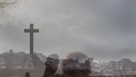 cross casting shadow over rocky landscape under cloudy sky with animation effect