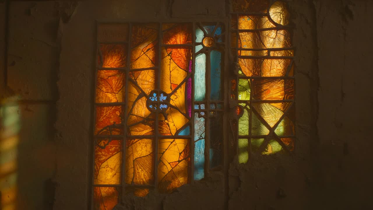 Casting light through stained glass window driving camera panning across chapel wall, shifting hues