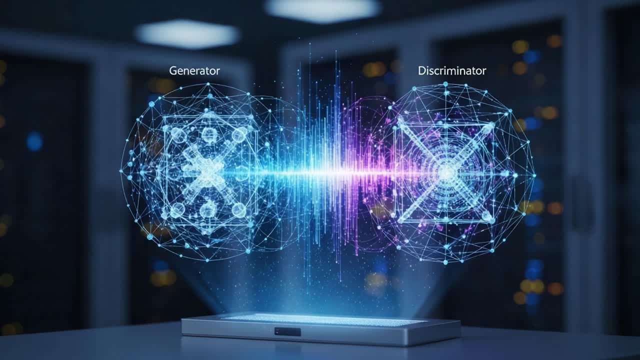 Visual Representation of Generative Adversarial Networks (GAN) Featuring Generator and Discriminator Elements with Dynamic Data Flow and High-Tech Background