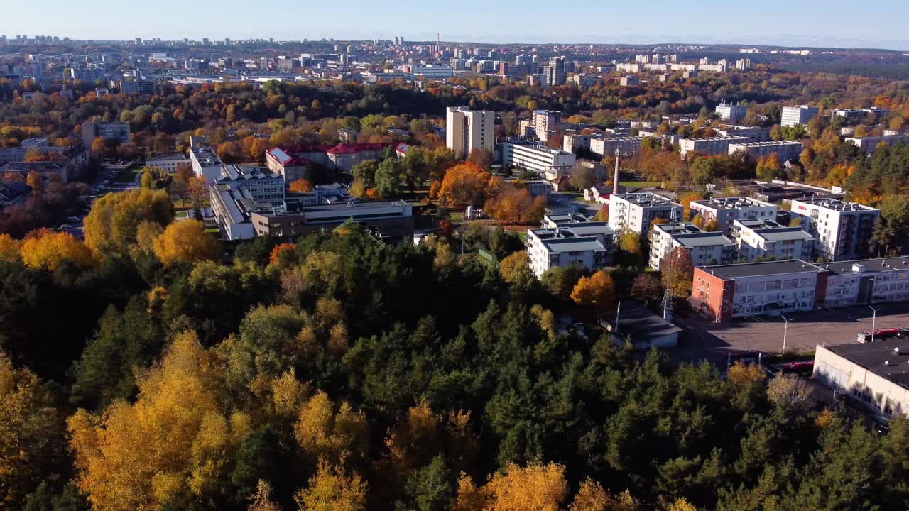 AERIAL Side Shot of Hilly Antakalnis District in Vilnius, Lithuania during Autumn