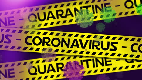 covid-19 cells floating against yellow police tapes with quarantine and coronavirus text
