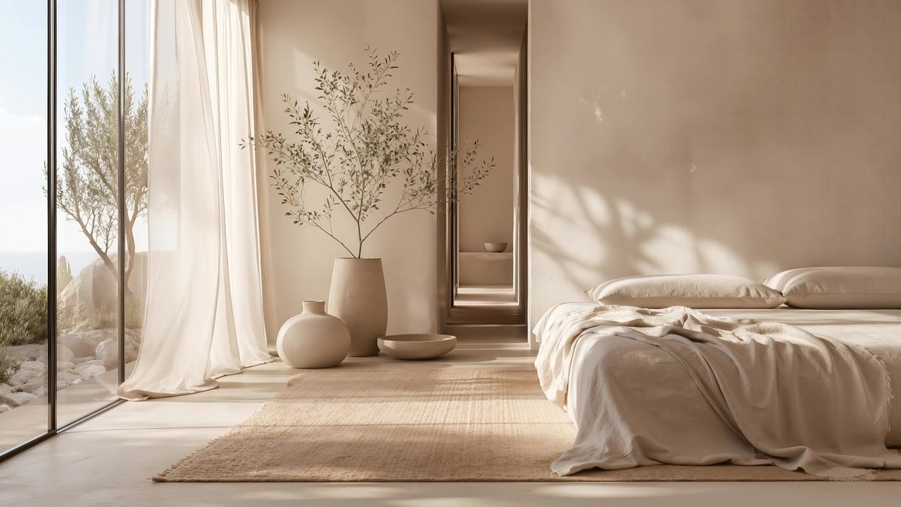 Interno di una camera da letto moderna e minimalista con pareti beige, grandi finestre e una vista su un albero all'esterno.