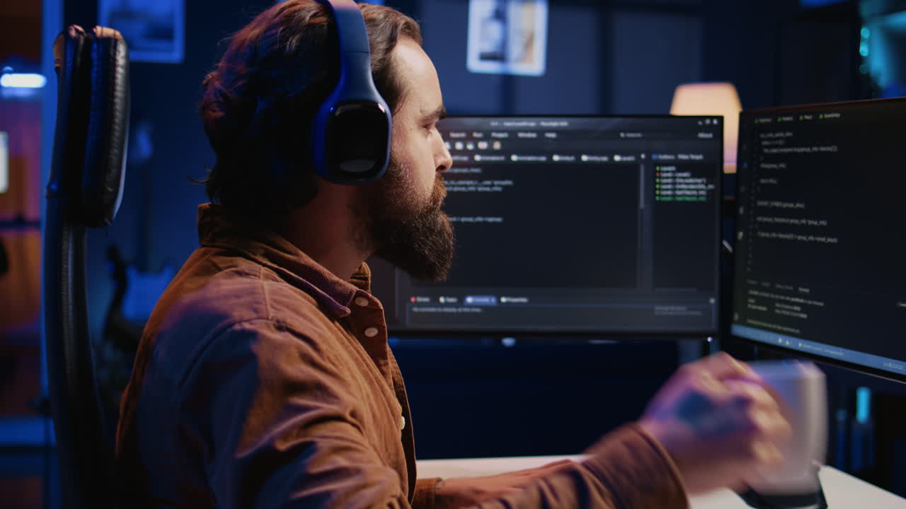 Developer listening music and drinking coffee while doing programming