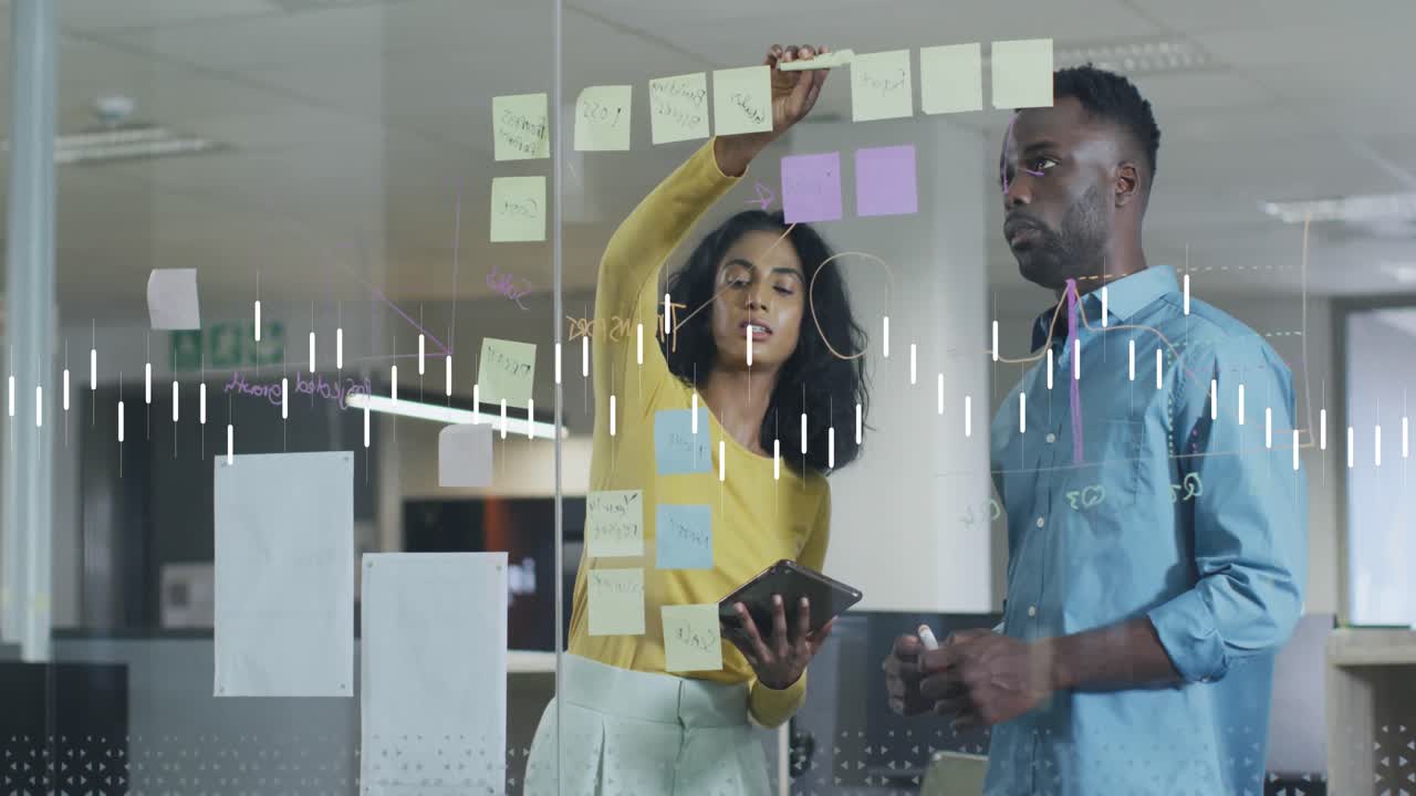 Animation of financial data processing over diverse business people discussing work at office
