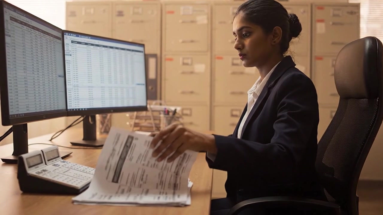 Focused Professional Analyzing Data on Dual Monitors in a Modern Office Setting with Organized Filing Cabinets and Clear Workspace Environment