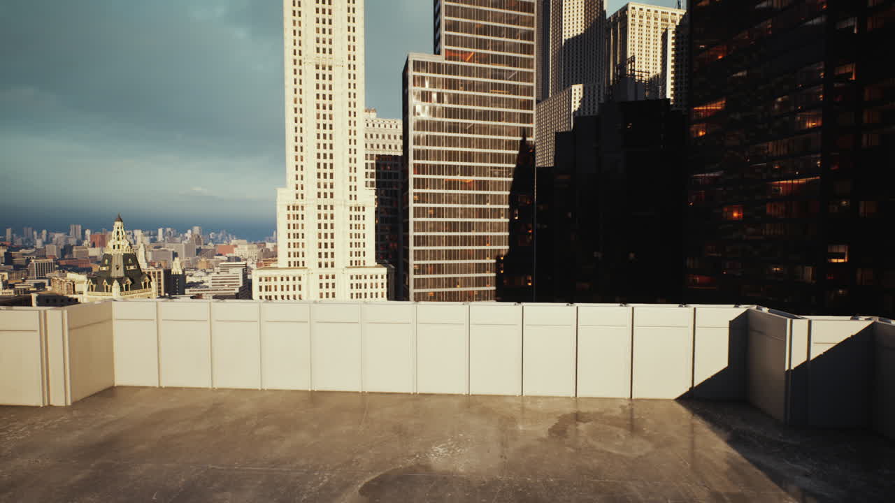 Rooftop view of city skyline with skyscrapers under cloudy sky in evening