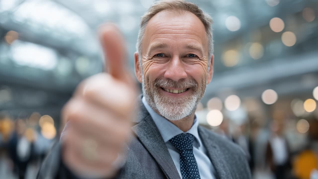 Un uomo anziano sorridente con un'espressione raggiante fa il gesto del pollice in su, irradiando positività e fiducia su uno sfondo luminoso e sfocato.