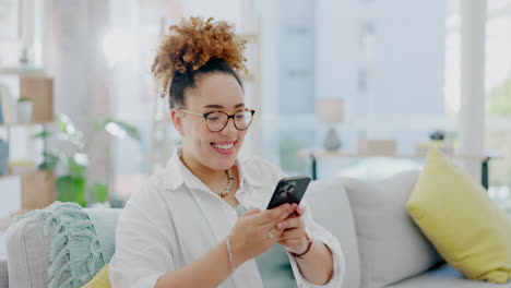 Woman,-phone-and-smile-typing-in-social-media