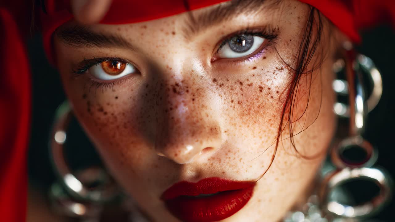 Captivating Close-Up Portrait of a Fashionable Individual with Striking Heterochromia, Expressive Makeup, and Dynamic Styling, Highlighting Unique Freckles and Accessories