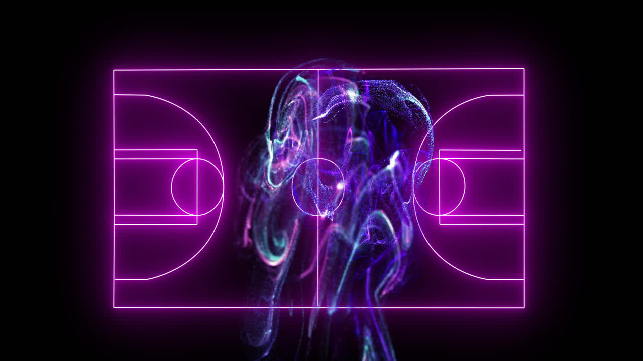 Neon basketball court lines with swirling abstract animation in center