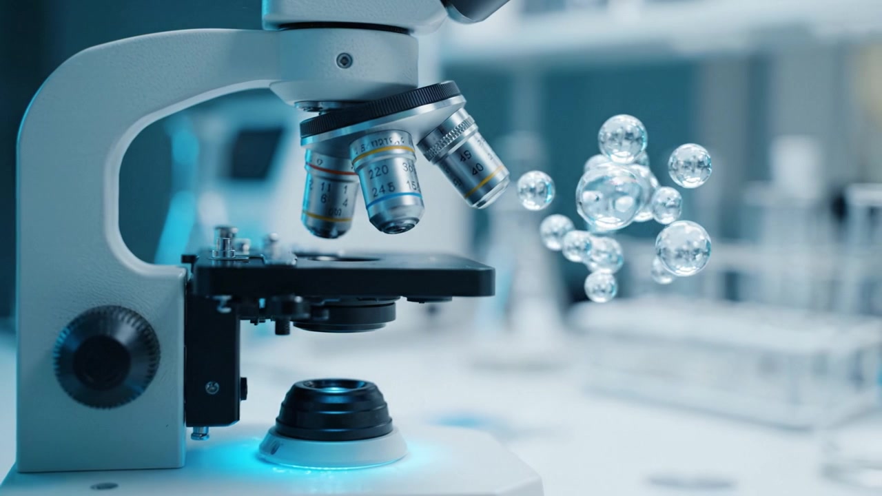 Exploring Microscopy: A Detailed Look at a Microscope Focusing on Bubble Structures in a Laboratory Setting with Advanced Optical Features