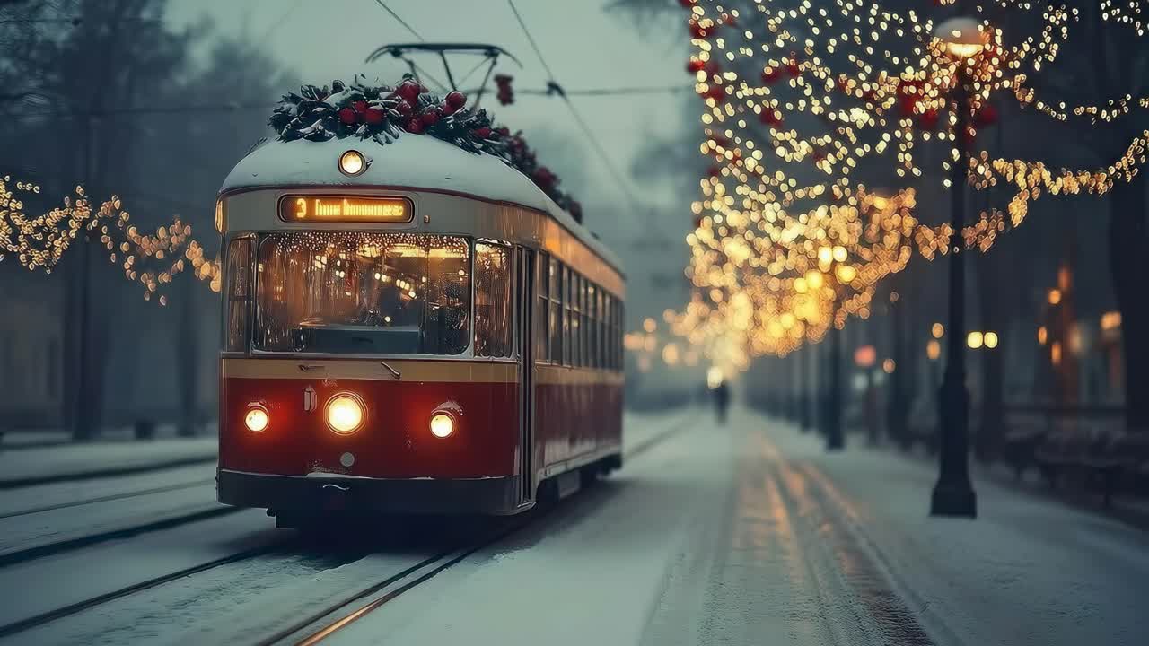A vintage tram adorned with lights in snowy street, captured in a cinematic video angle