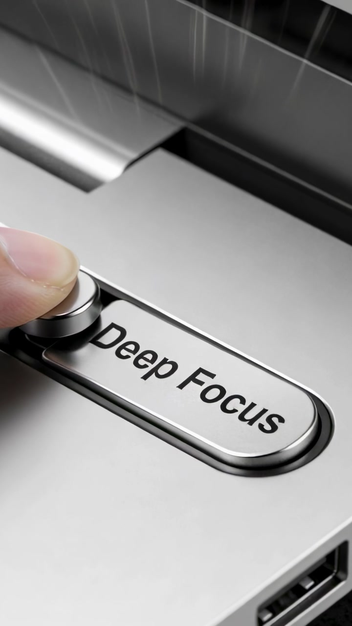 Vertical video: Pressing finger raising Deep Focus knob on laptop hinge activating Deep Focus