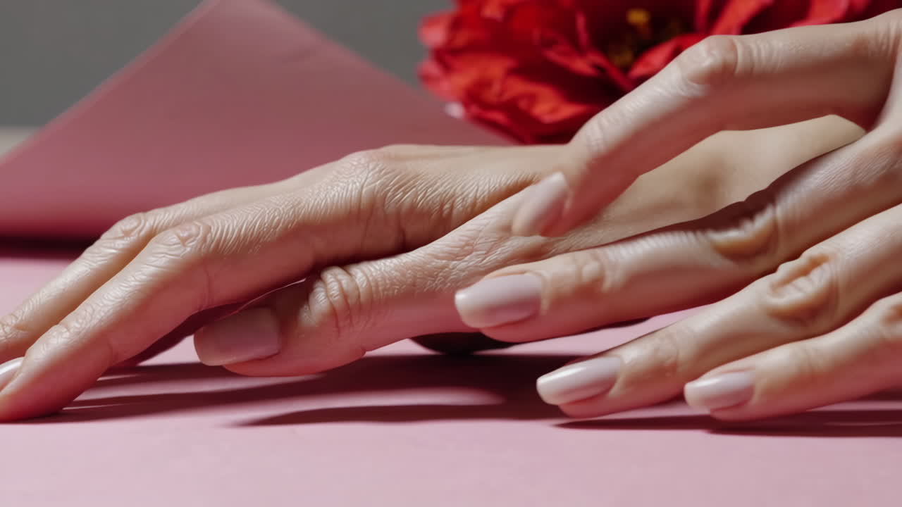 Close-up of Hands with Manicured Nails on Pink Background with Flower