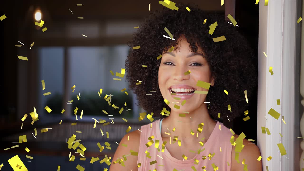 Gold confetti falling, woman leaning on doorframe, closing eyes, smiling and laughing for marketing