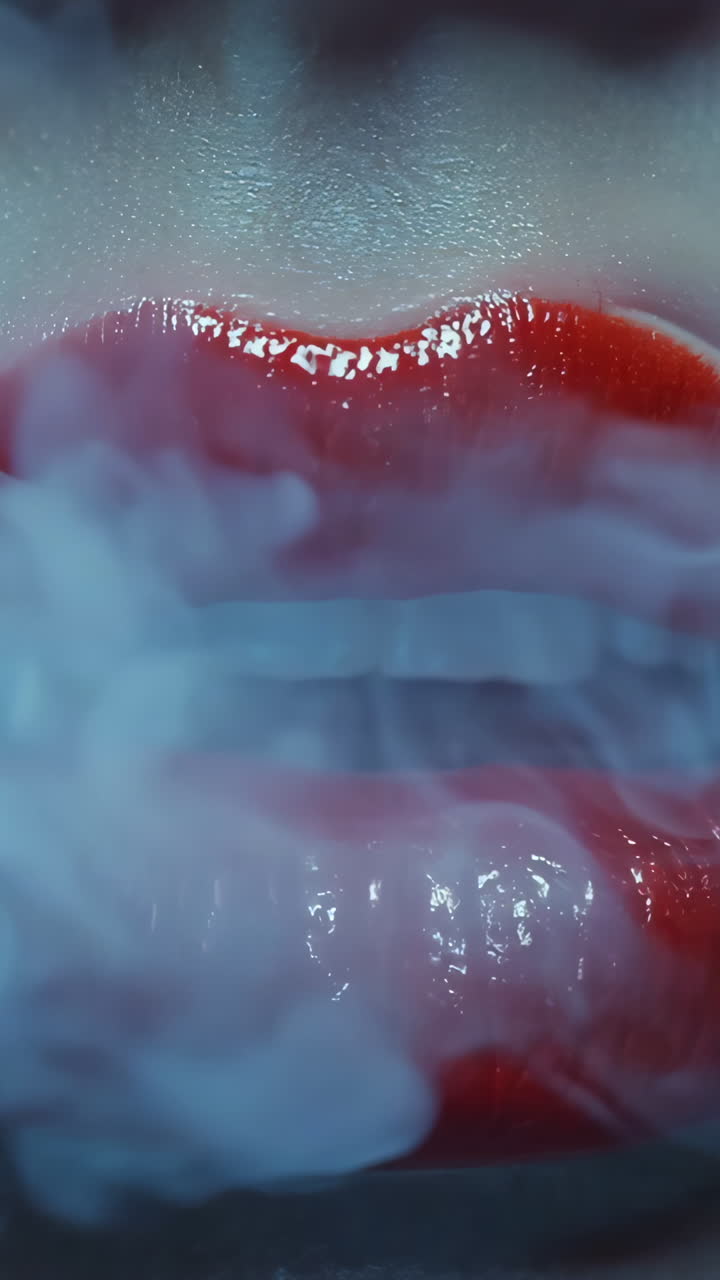 A woman's lips are painted red and she is surrounded by smoke. Concept of mystery and intrigue, as the woman's lips seem to be the focal point of the scene. The smoke adds an element of danger