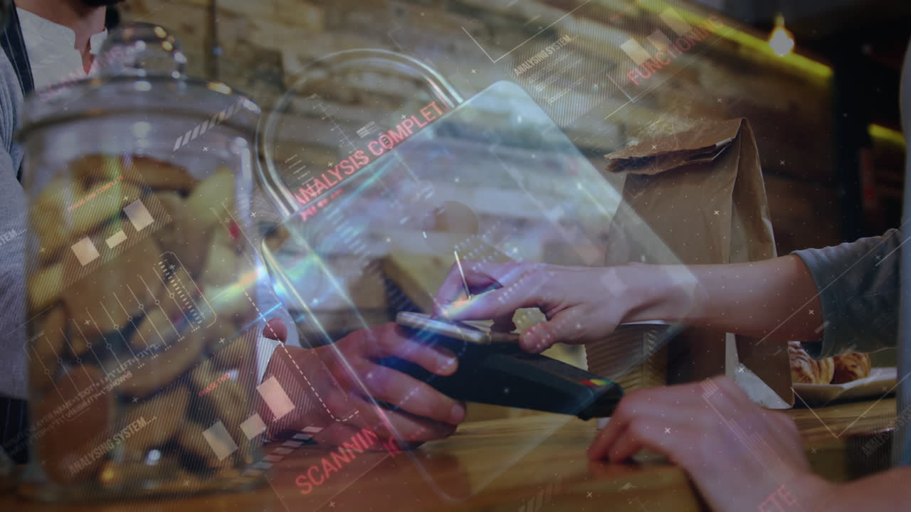 Animation of network security padlock over people using payment terminal