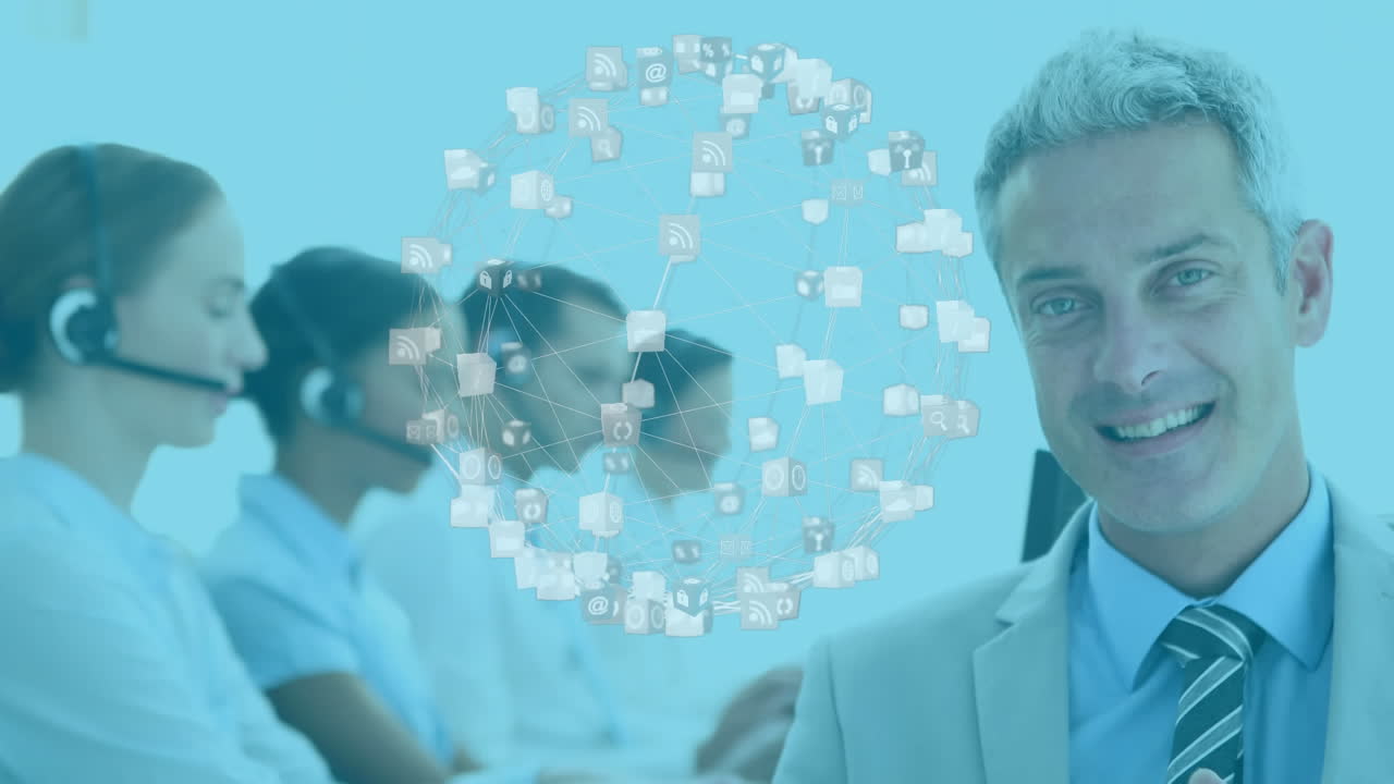 다민족 콜센터 직원들이 사무실에서 디지털 웹으로 연결되어 있습니다.