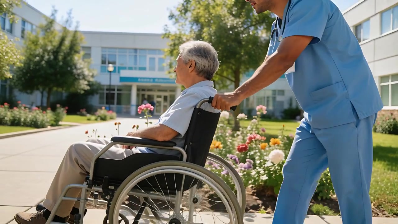 Operatore sanitario in divisa che spinge un anziano in sedia a rotelle verso l'ingresso, passando accanto ai fiori, con stetoscopio.