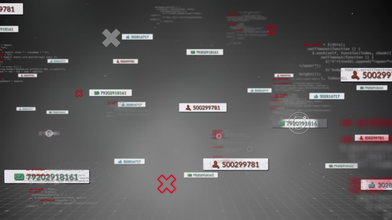 회색 배경에 있는 데이터 처리 및 미디어 아이콘의 애니메이션