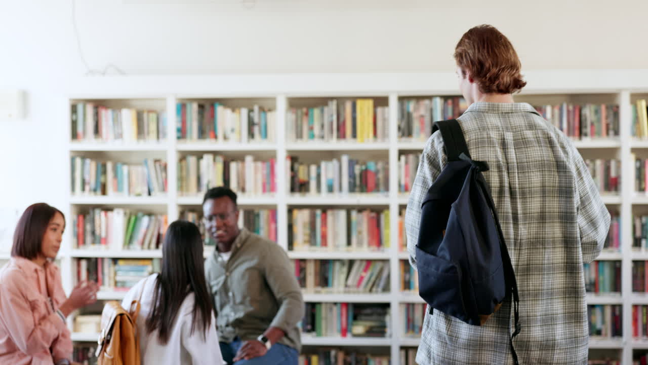 People, students walking or man in library