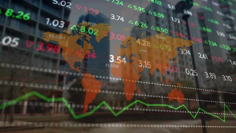 animation of stock market data processing over world map against tall buildings