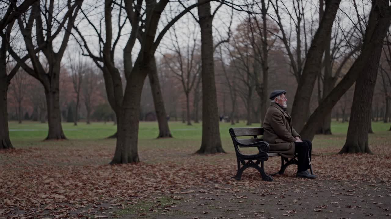 A serene video scene of an elderly man on a park bench, captured from a side angle