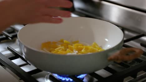 mujer poniendo cebollas y pimientos en una sartén caliente a cámara lenta