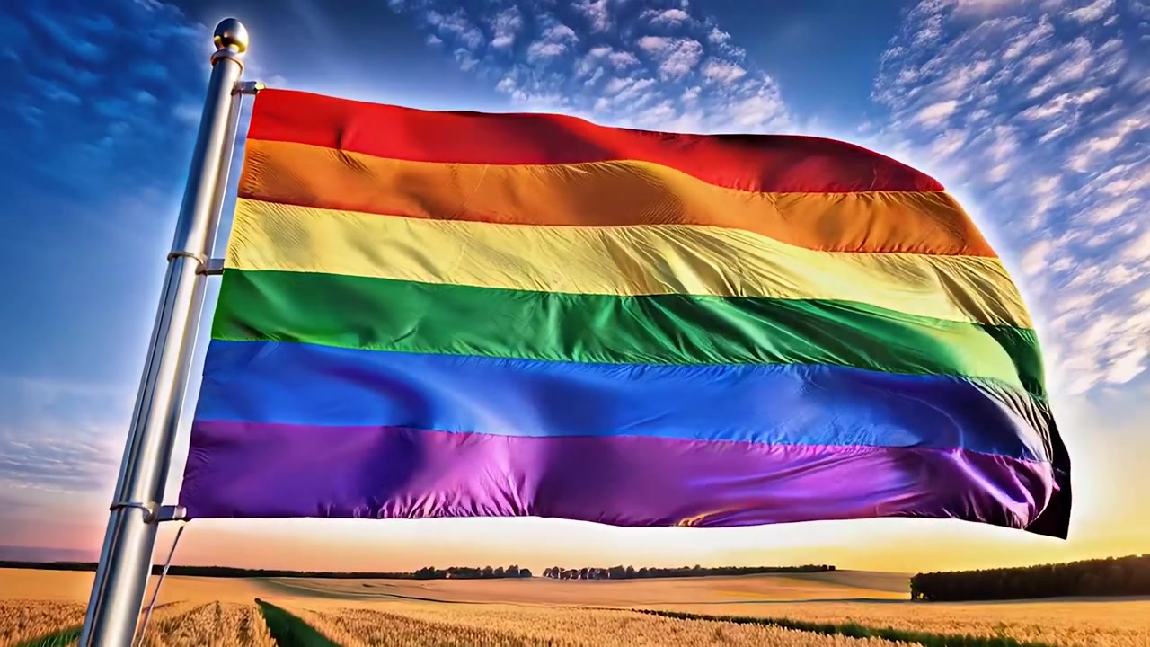 Bandiera arcobaleno del Pride che sventola su un campo di grano al tramonto.
