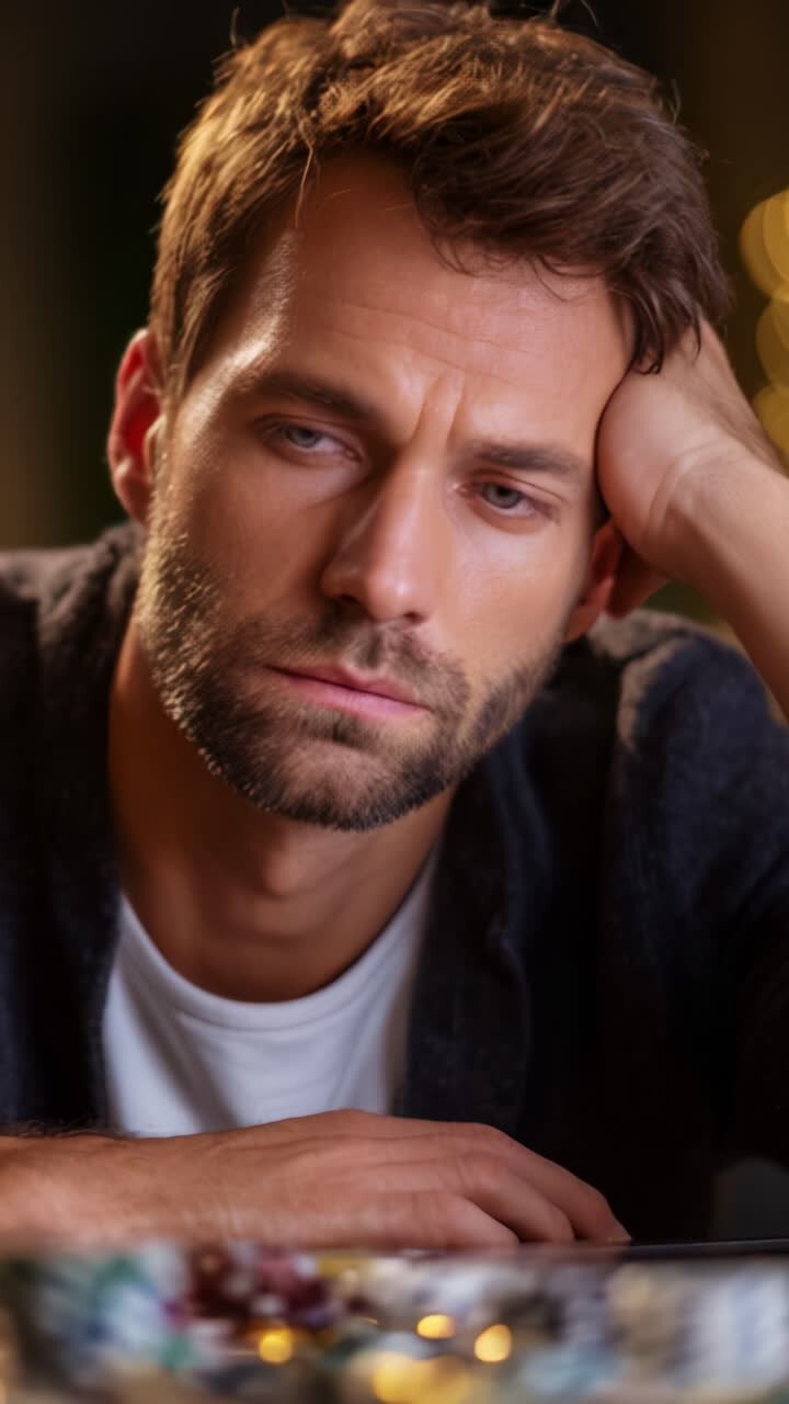Un uomo pensieroso contempla la vita mentre guarda assorto una serie di oggetti colorati su un tavolo, catturando emozioni profonde e momenti di riflessione