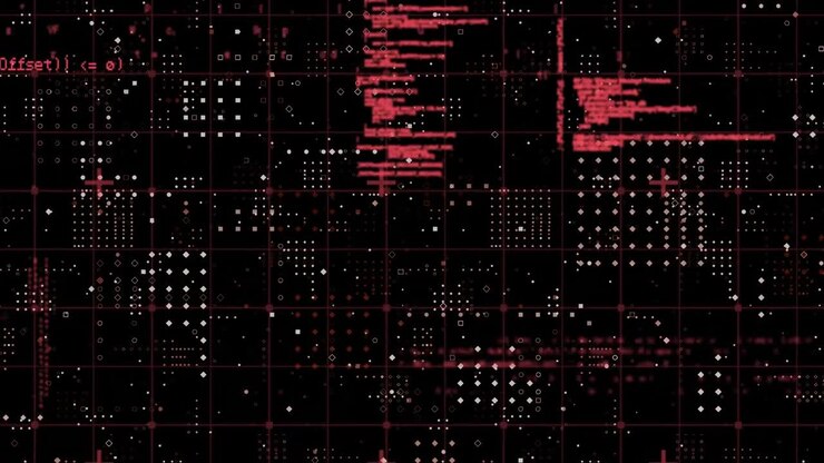 Animation of data processing over grid network against rows dots pattern on black background