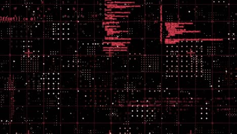 Animación-Del-Procesamiento-De-Datos-A-Través-De-La-Red-De-Cuadrícula-Contra-El-Patrón-De-Puntos-De-Filas-Sobre-Fondo-Negro