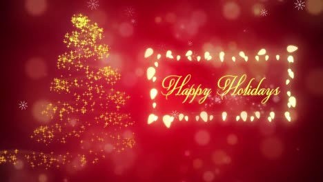 Animation-of-happy-holidays-text-with-fairy-lights-frame-and-christmas-tree-on-red-background
