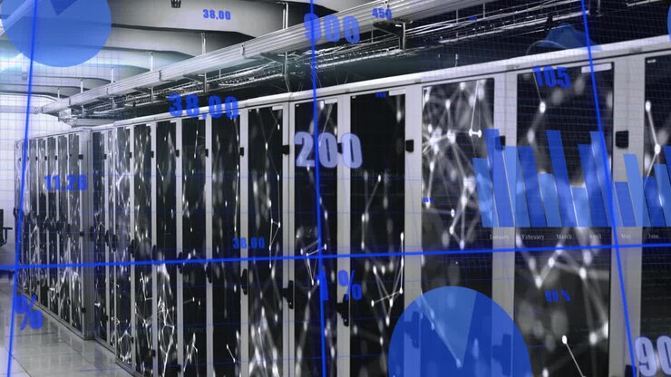 Animation of statistical data processing and network of connections against computer server room