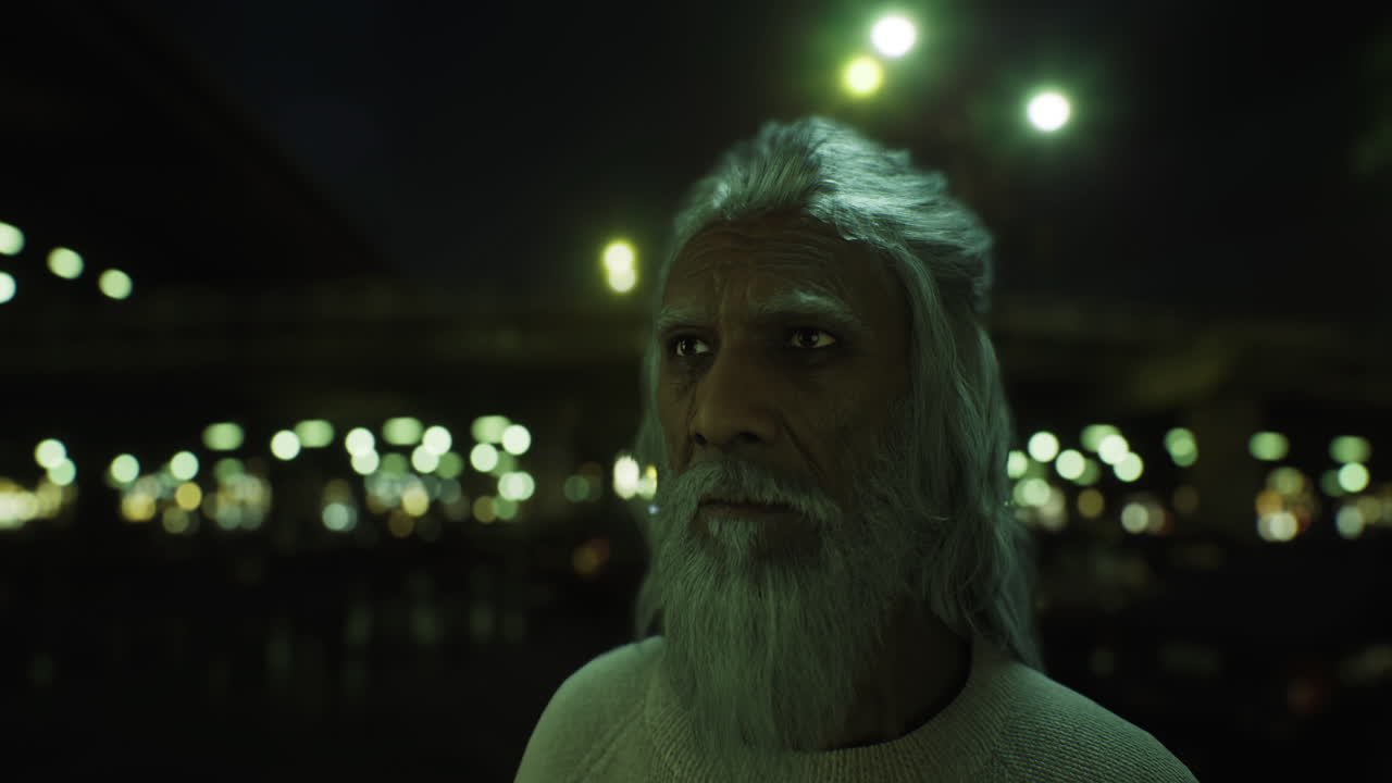 Elderly man with long gray beard standing under city lights at night