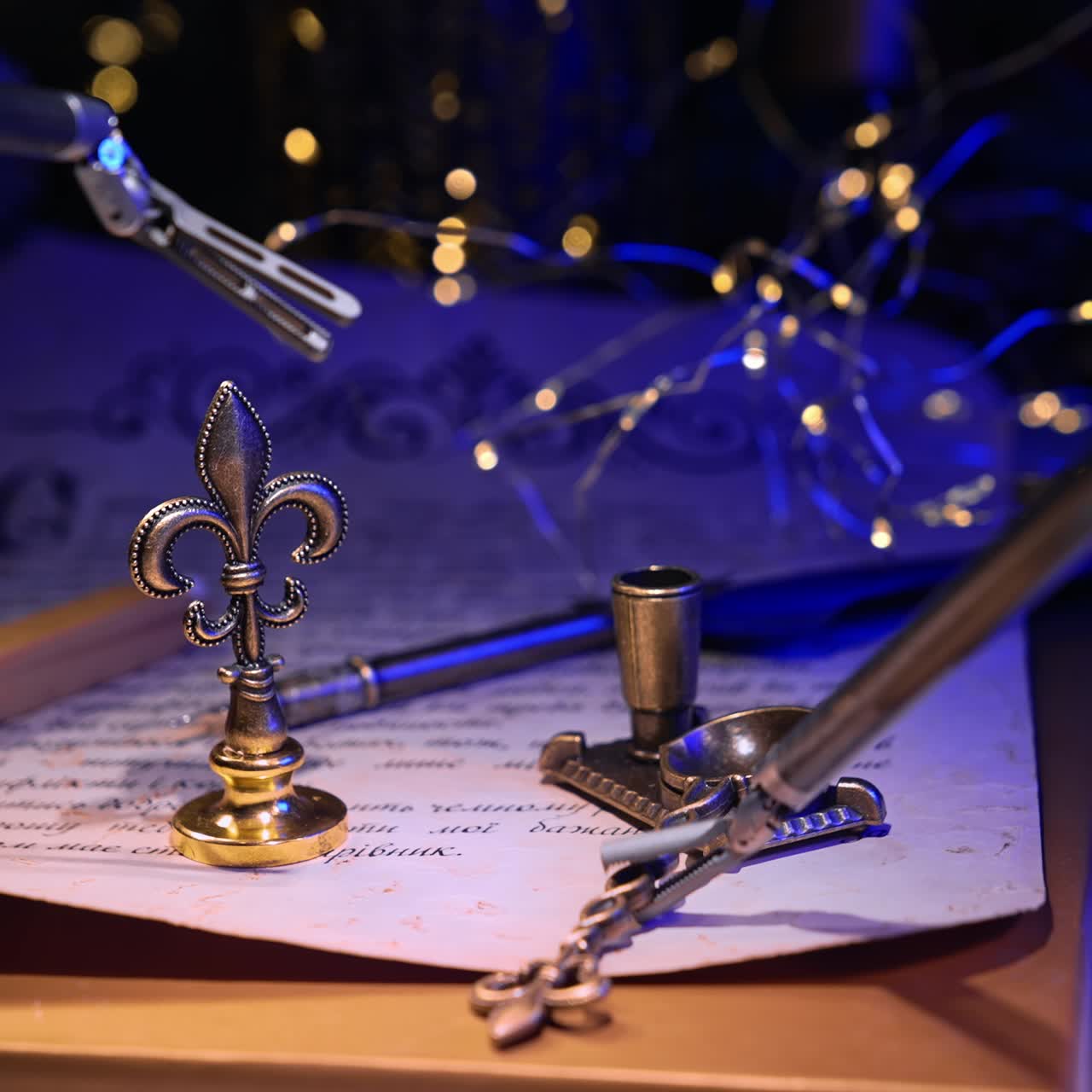 Precise moves of the robotic arms. Tiny forceps take metal writing appliances lying on the letter. Blurred dark backdrop with lights