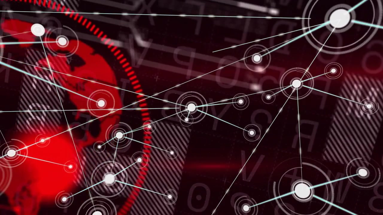 Red dial sweeping, hub pulsing, expanding network in data HUD showing globe and labels mapping data