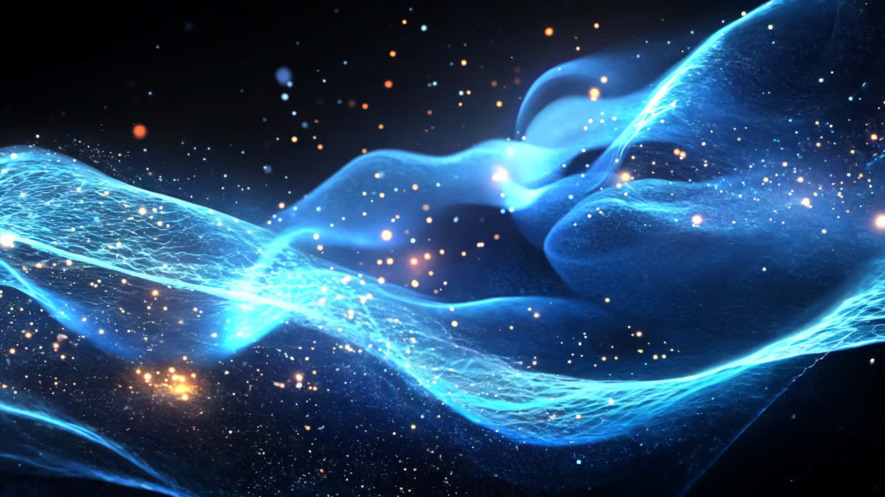 A blue and purple galaxy with many stars. The stars are scattered throughout the galaxy and some are closer together while others are further apart. The galaxy appears to be very large and expansive