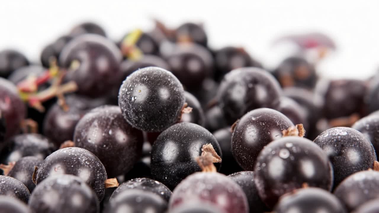 Close up view of numerous black currant berries glistening with water droplets, forming a visually appealing and textured background, ideal for food related projects